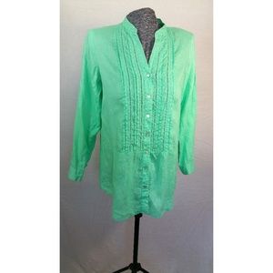 J Jill 100% Linen Blue/Green Pleated Blouse Medium
